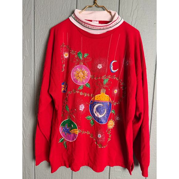 Vintage 90s Holiday Time Celestial Christmas Sun/Moon Ornament Sweatshirt 2X - Picture 1 of 6
